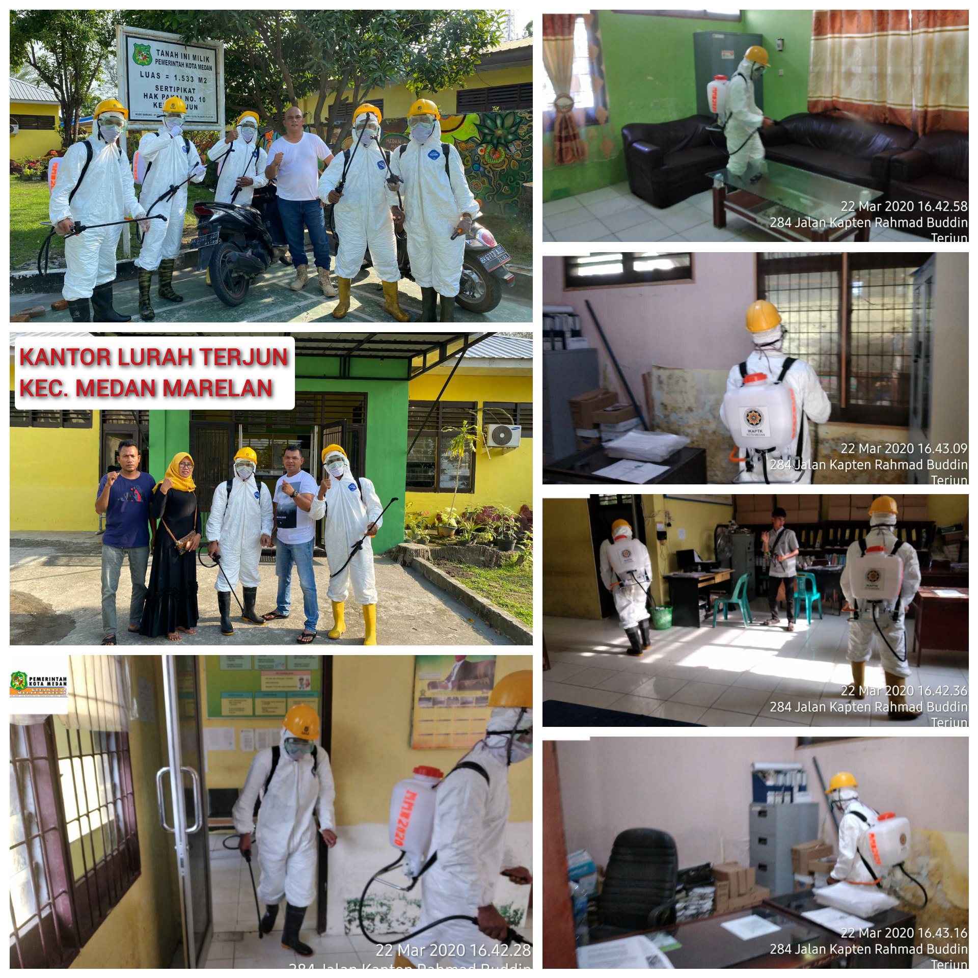 Penyemprotan cairan disinfektan di Kelurahan Terjun,  Kec. Medan Marelan